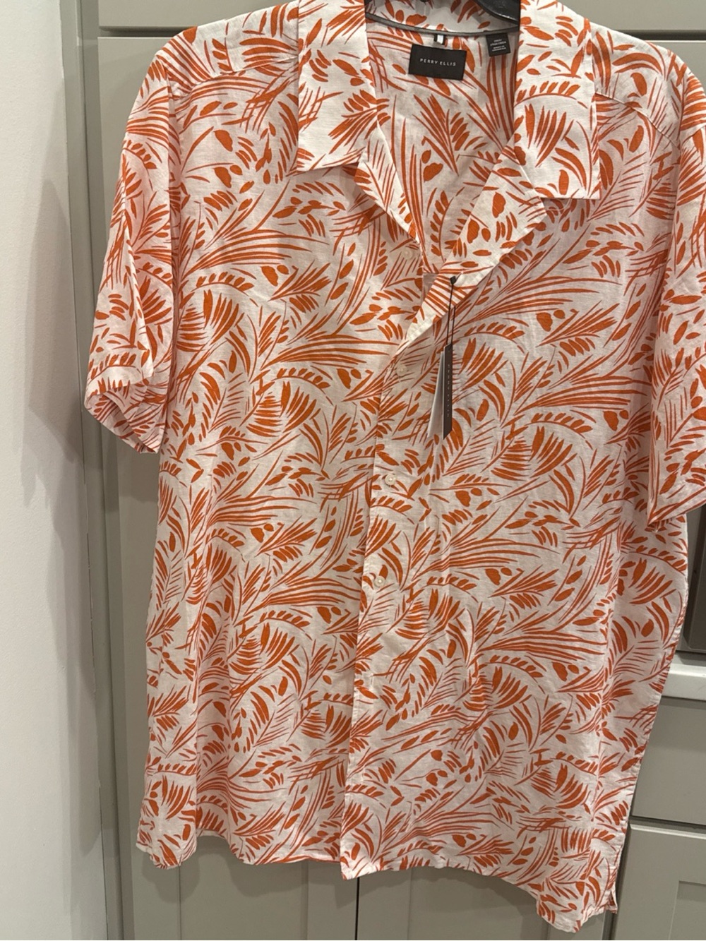 $89 NEW Perry Ellis Summer Shirt Men 2XT Linen Leaf Short Sleeve Orange White